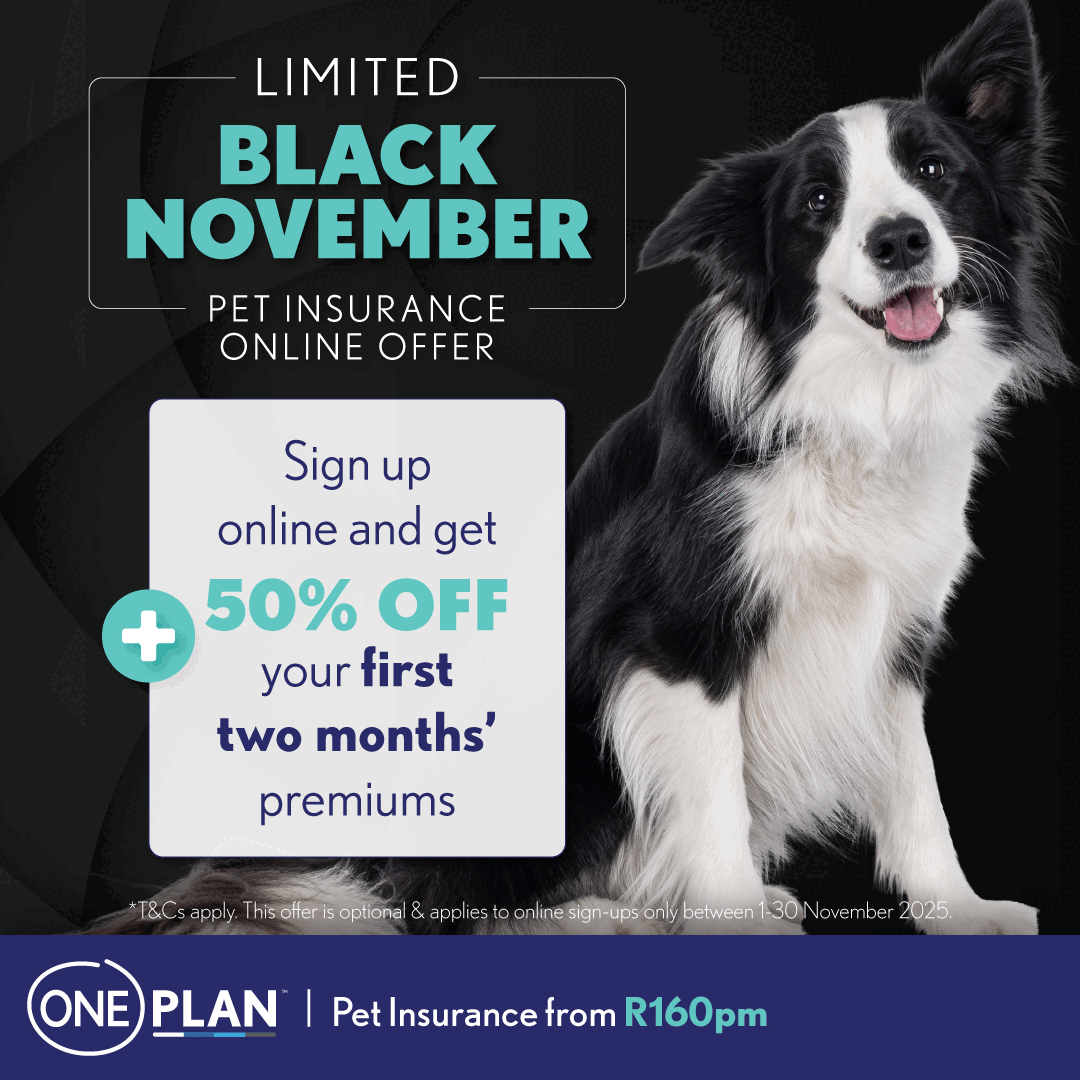 A black and white dog sitting next to a sign