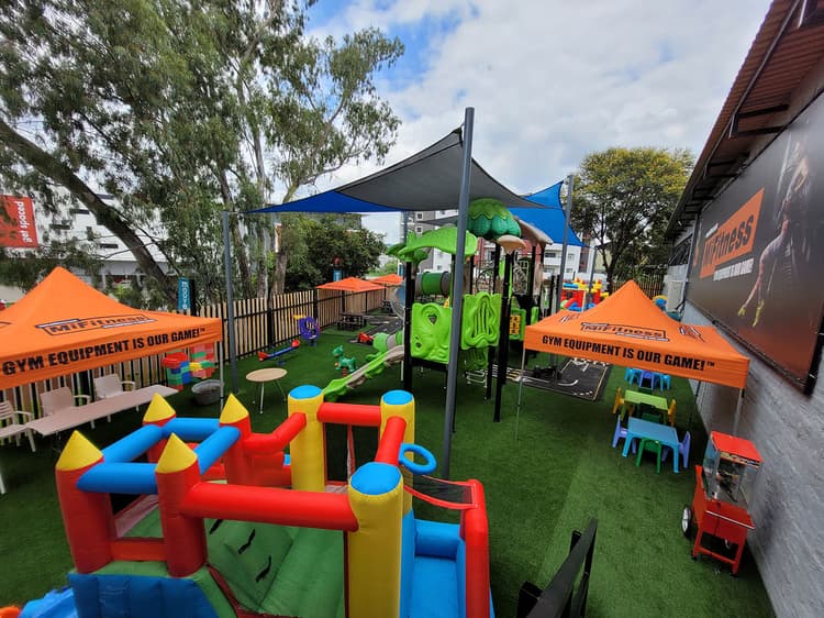 A children's play area with colorful play equipment