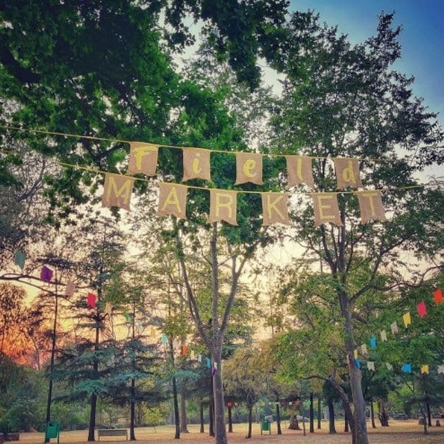 A sign that reads march market hanging from a line of trees