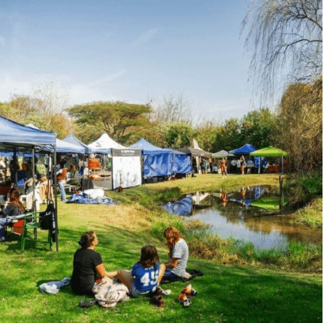A group of people sitting on top of a lush green field