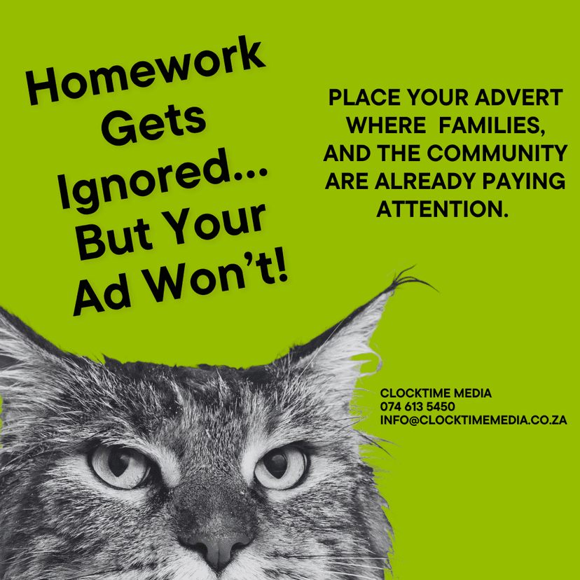 A poster with a cat's face and the words homework gets ignored, but